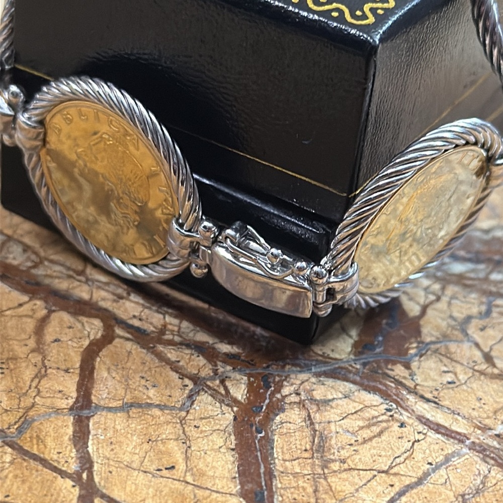 925 Sterling Silver 2-Tone Vintage 1981 Italy 20 Lire Bronzital Coin Bracelet - Picture 9 of 9